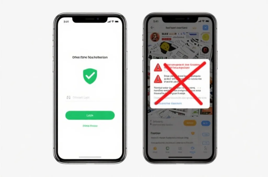 并排展示的两部智能手机。一部手机显示着清晰、流畅的官方登录界面，带有绿色的勾号，象征安全和可信。另一部手机则显示着杂乱、充满警告的界面，带有红色的叉号和警告信息，代表不安全的第三方应用