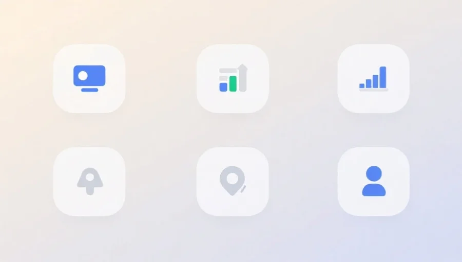 简洁美观的网站功能图标集合，分别代表公告、数据分析、帮助中心和个人账户等功能，背景为浅色渐变，风格现代